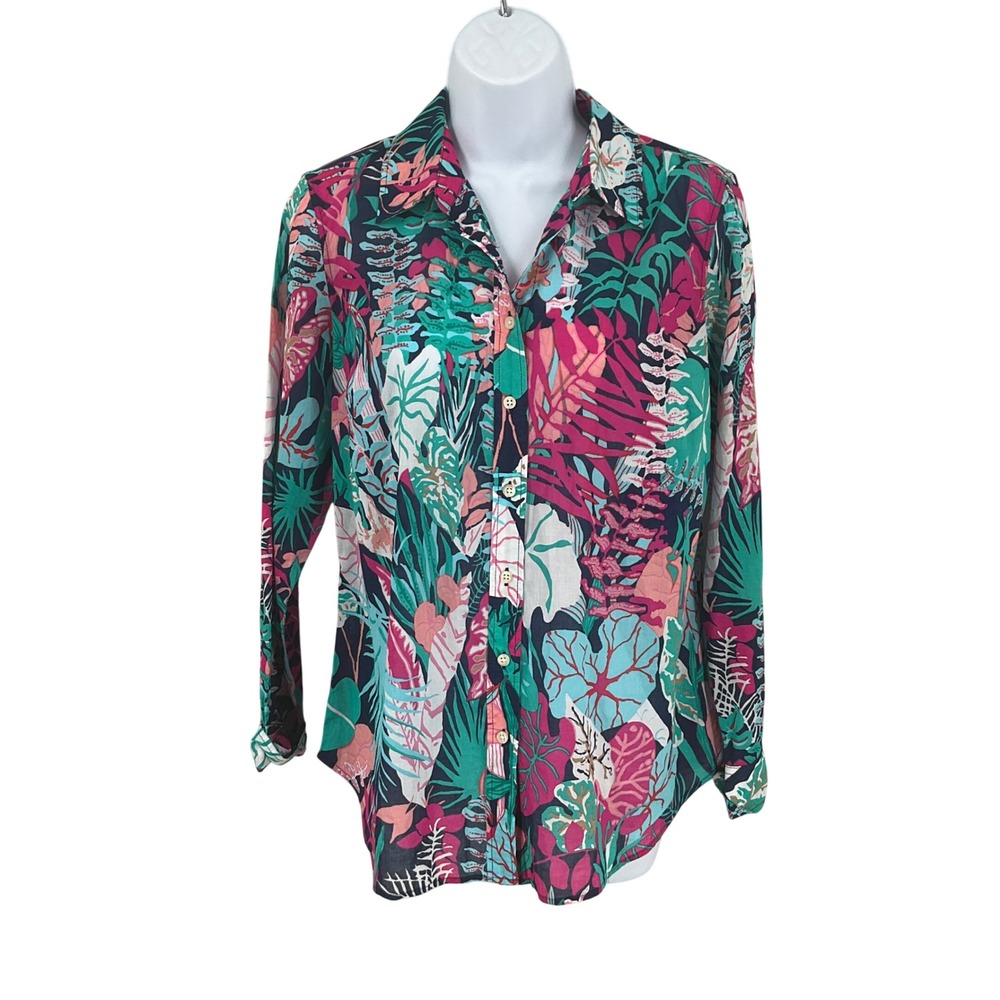 Talbots Button Up Top Women Sz S Multicolor Cotton Tropical Leaf Coastal Resort